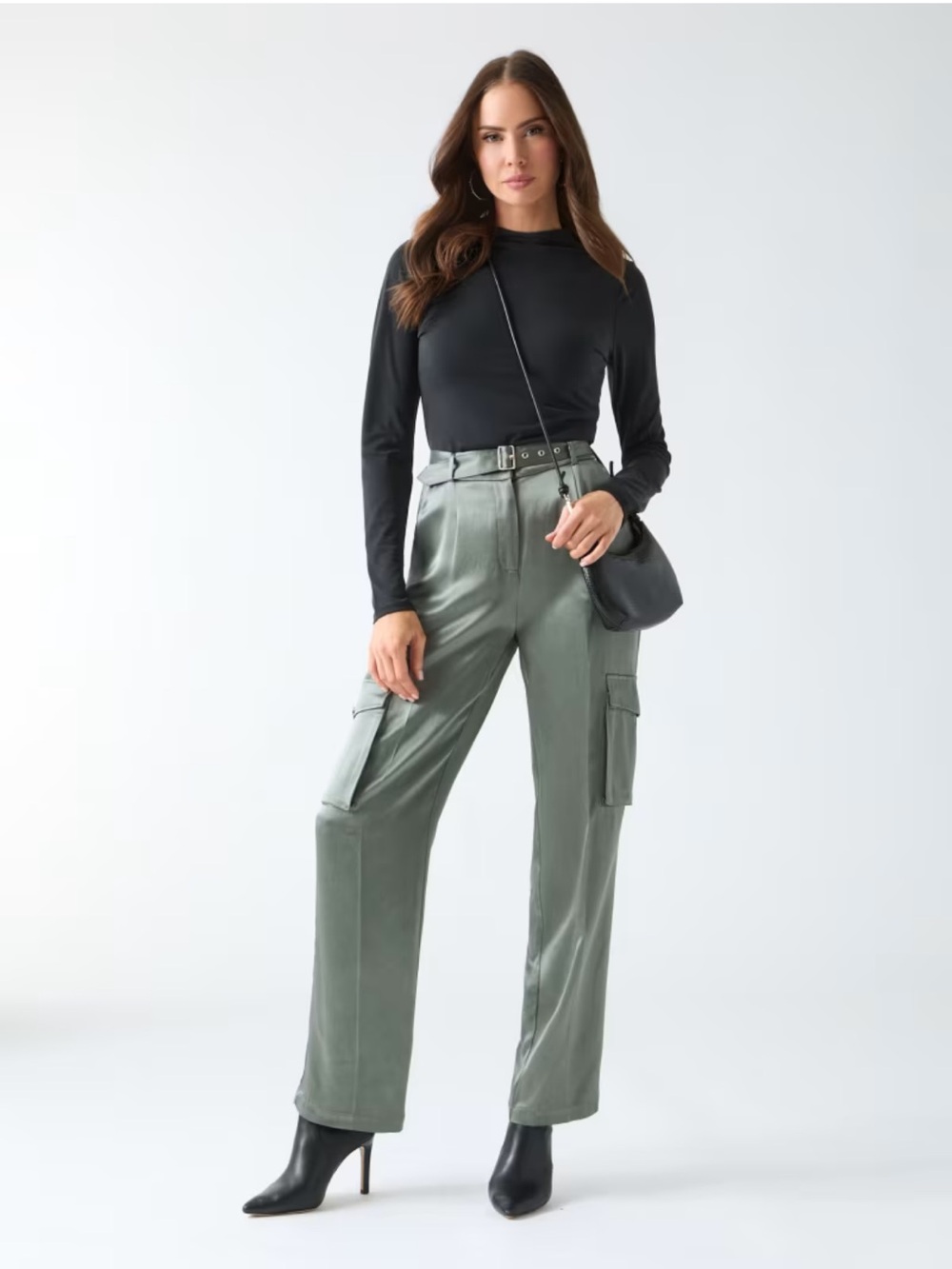 Marciano High-Rise Olive Satin Cargo Trousers with Belt - Size L
